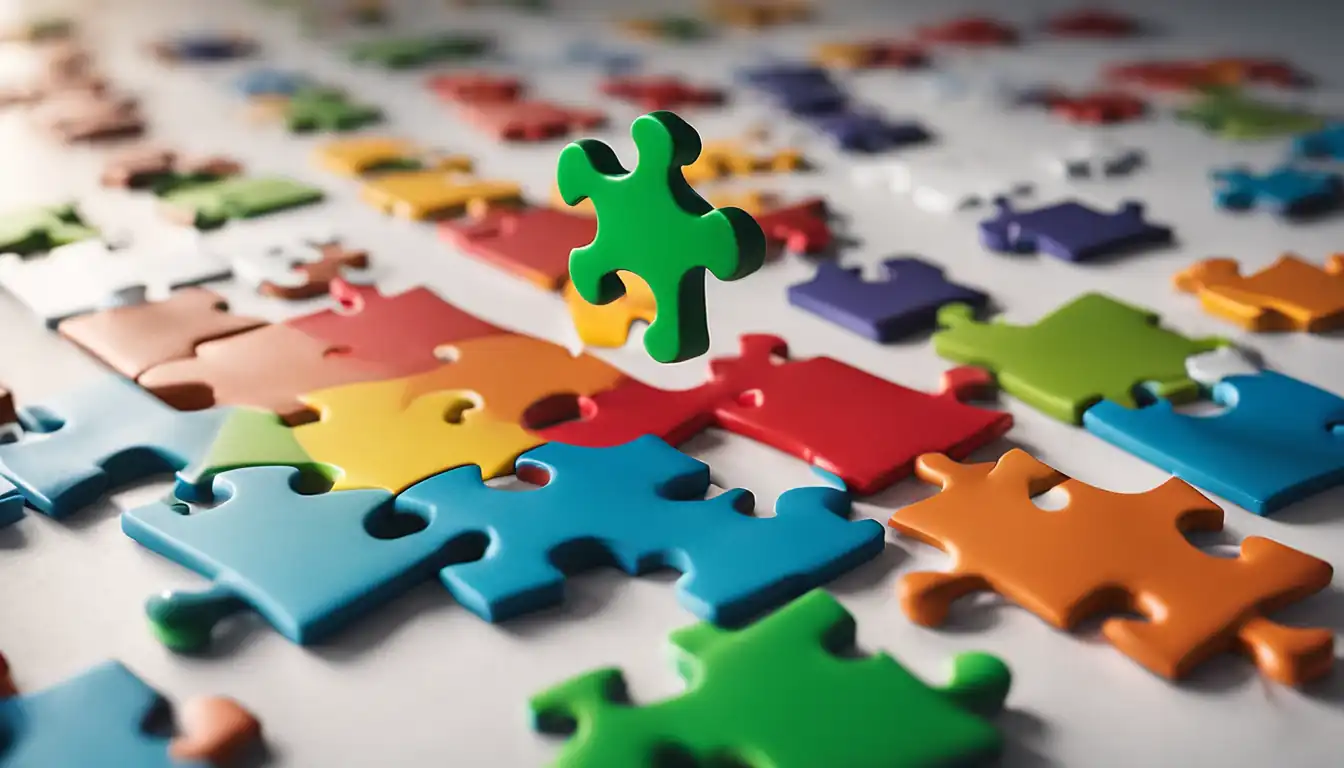 A colorful puzzle piece fitting perfectly into a larger puzzle, symbolizing content relevance in SEO.