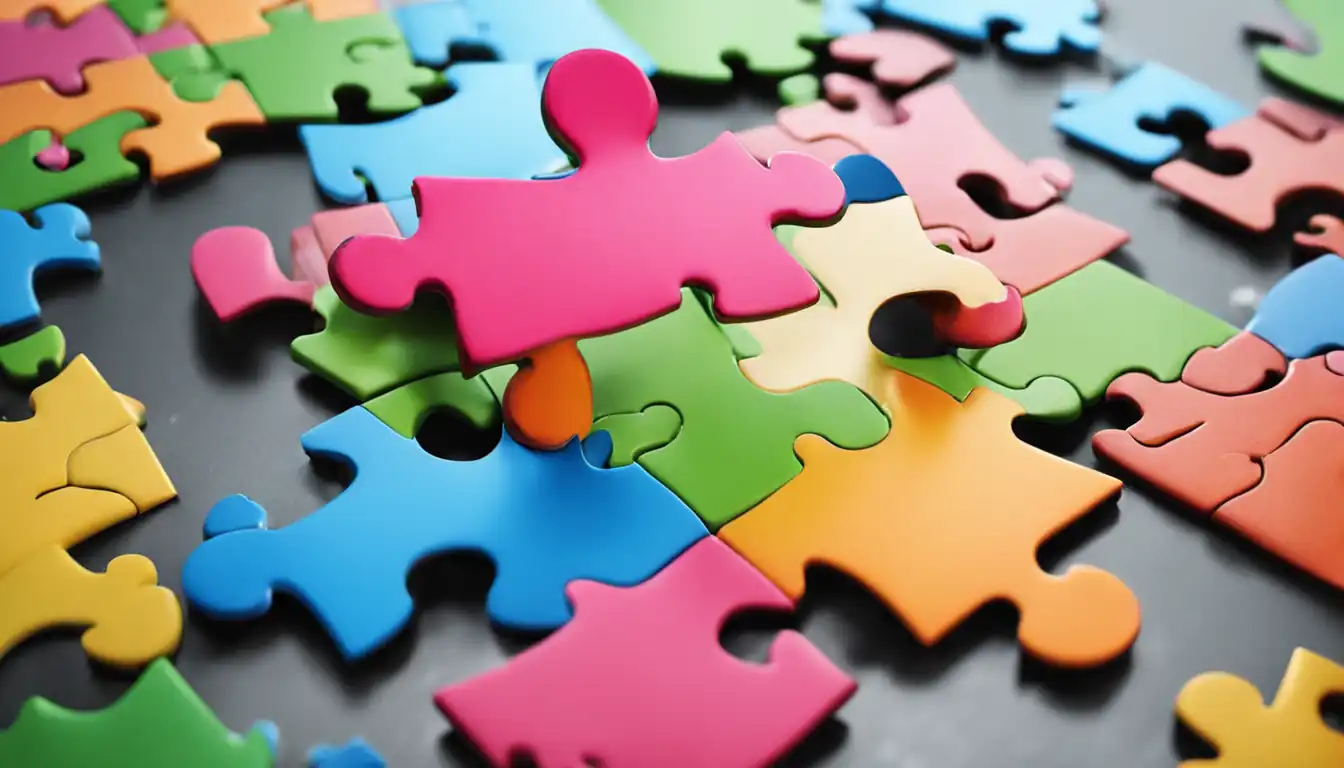 A colorful puzzle piece fitting perfectly into a larger puzzle, symbolizing content relevance in SEO.