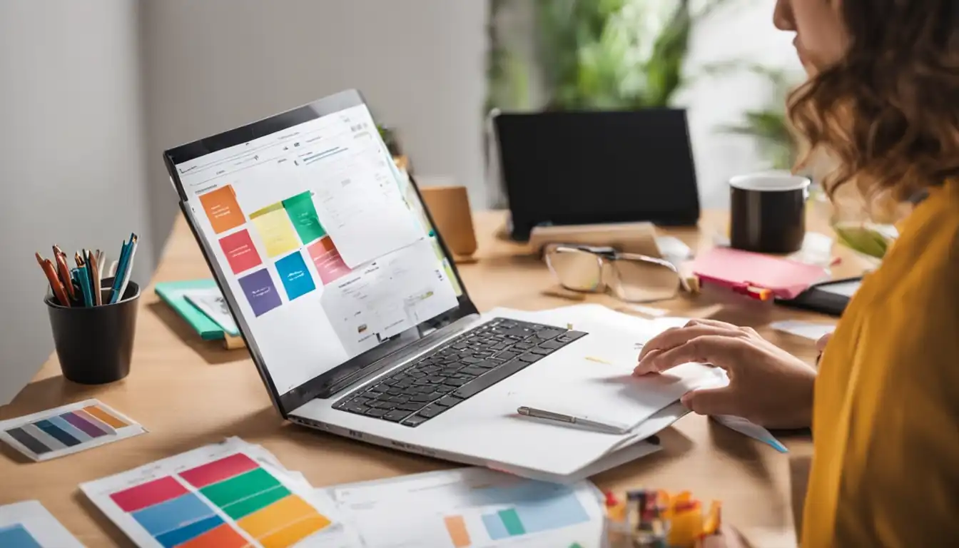 A person organizing colorful SEO content audit folders on a clean desk with a laptop nearby.