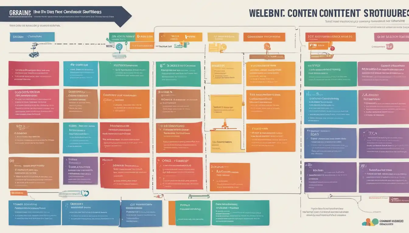 A colorful infographic showing a website's content structure with clear organization and optimization strategies.