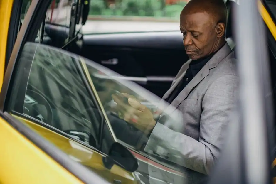 Pensive African American male texting message on mobile phone in bright yellow automobile