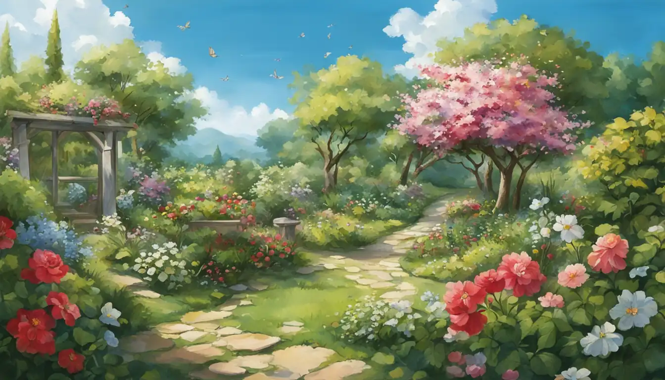 A lush green garden with blooming flowers and a clear blue sky, symbolizing growth and vitality.