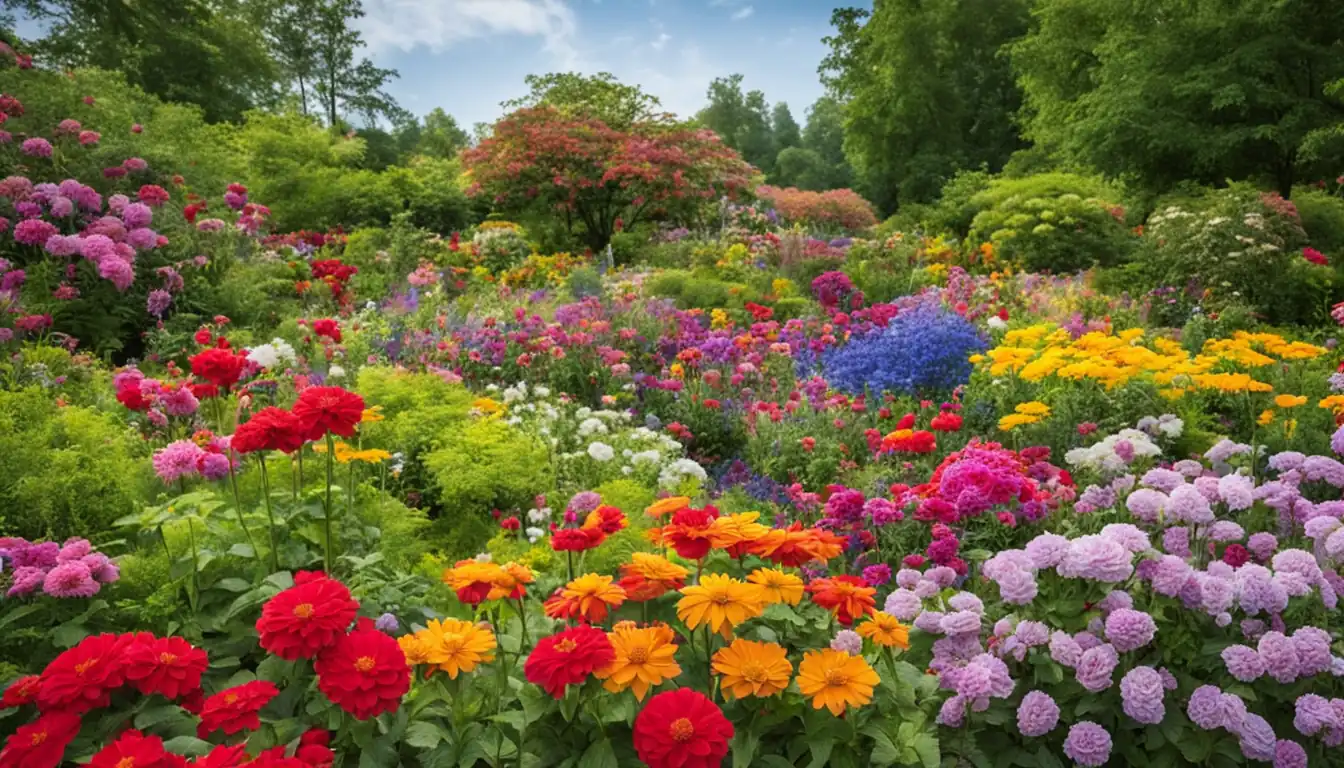 A vibrant, blooming flower garden with various colors and sizes of flowers in full bloom.