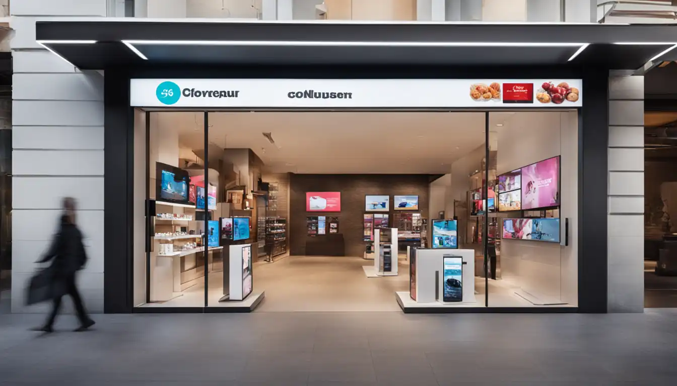 A modern, sleek storefront with multiple digital screens displaying various products and promotions.