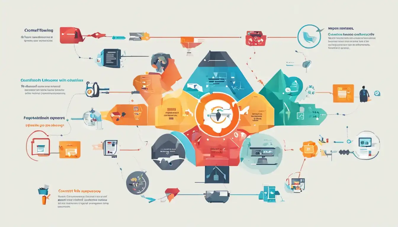 A colorful infographic showing the process of repurposing content with arrows and icons for different platforms.