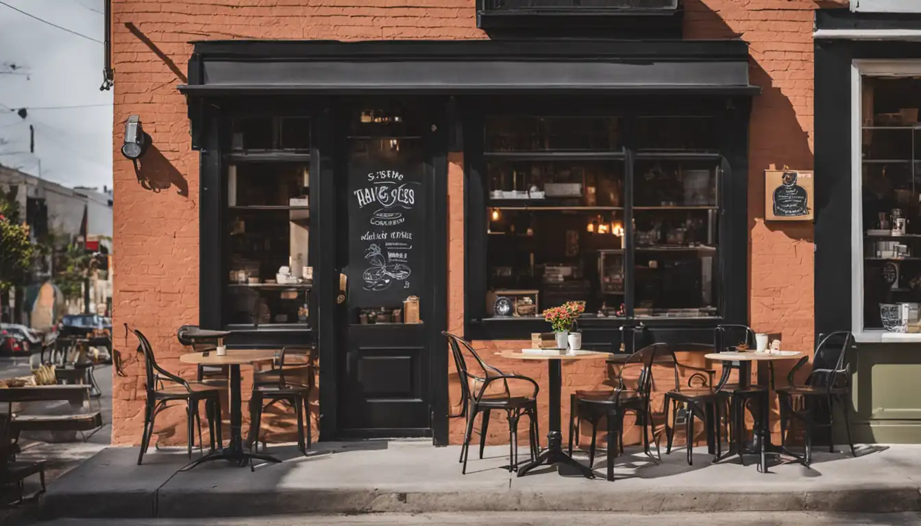 A cozy coffee shop with a welcoming storefront, outdoor seating, and a chalkboard menu.