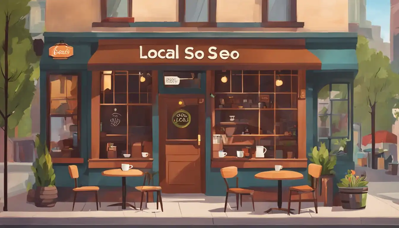 A cozy coffee shop with a welcoming storefront, outdoor seating, and a sign with "Local SEO" theme.