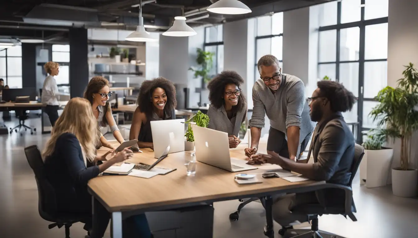 A diverse team of professionals brainstorming ideas together in a modern, collaborative workspace.