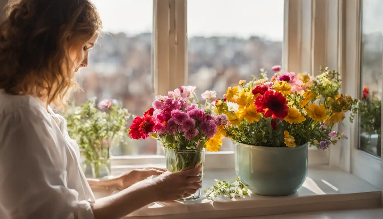 A person carefully selecting and arranging colorful flowers in a vase on a sunny windowsill.