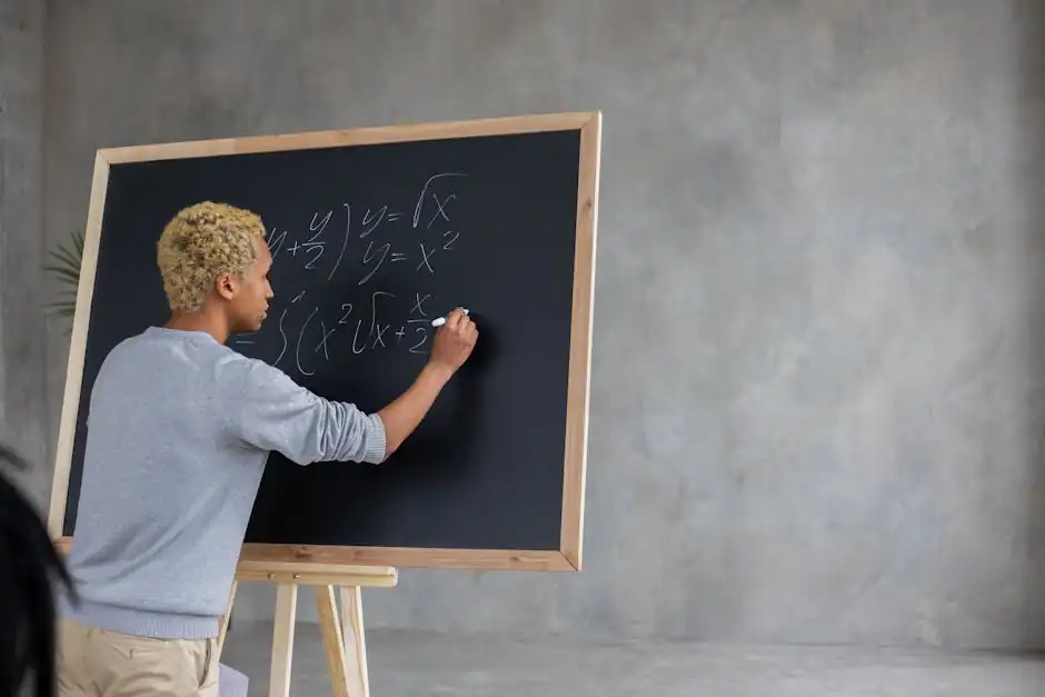 Serious black student writing mathematical example on blackboard