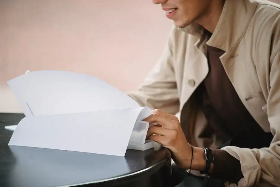 Side view of crop smiling male learner sitting at table and flipping pages of document with homework task