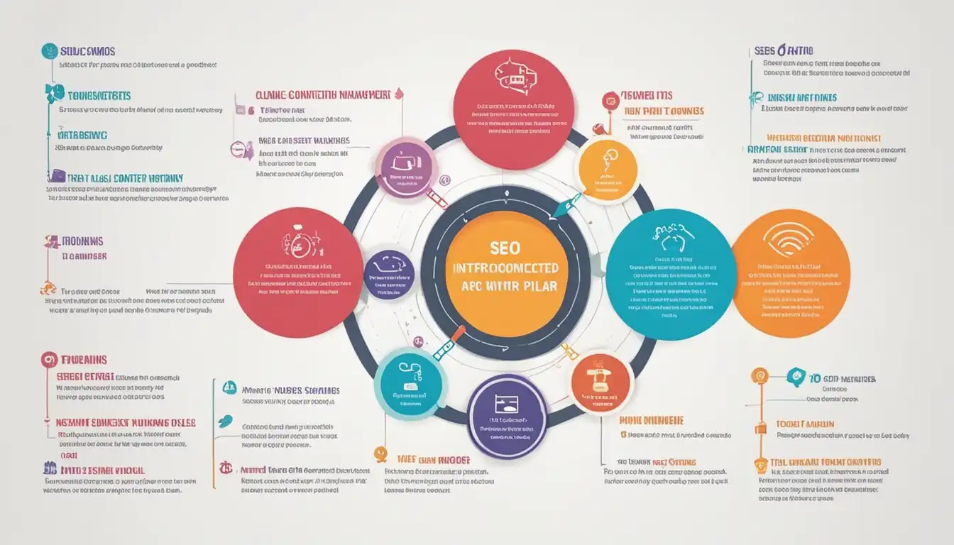 A colorful and engaging infographic showcasing the interconnected structure of a content pillar page for SEO.