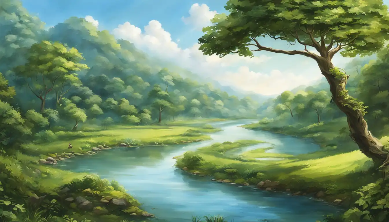 A serene landscape with a winding river, lush greenery, and a clear blue sky.