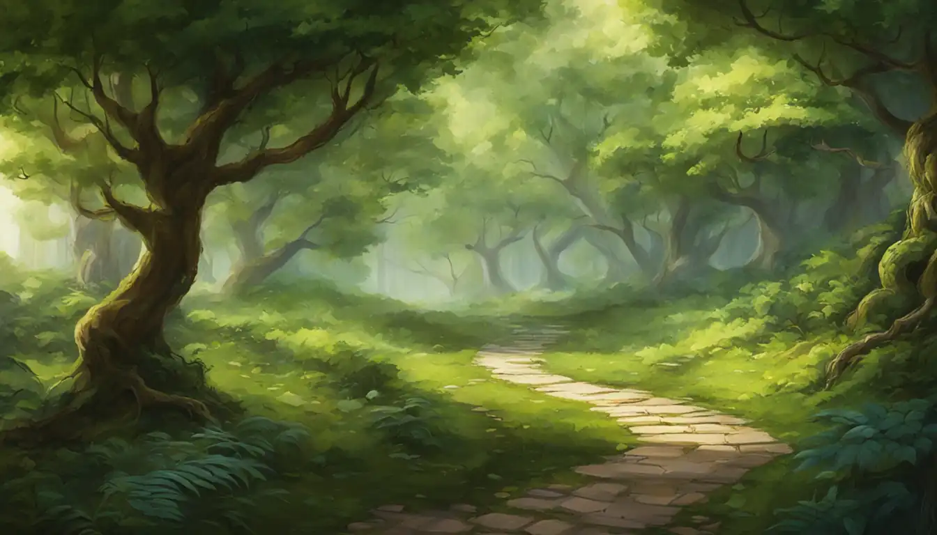 A serene landscape with a winding path through a lush forest, showcasing balance and harmony.