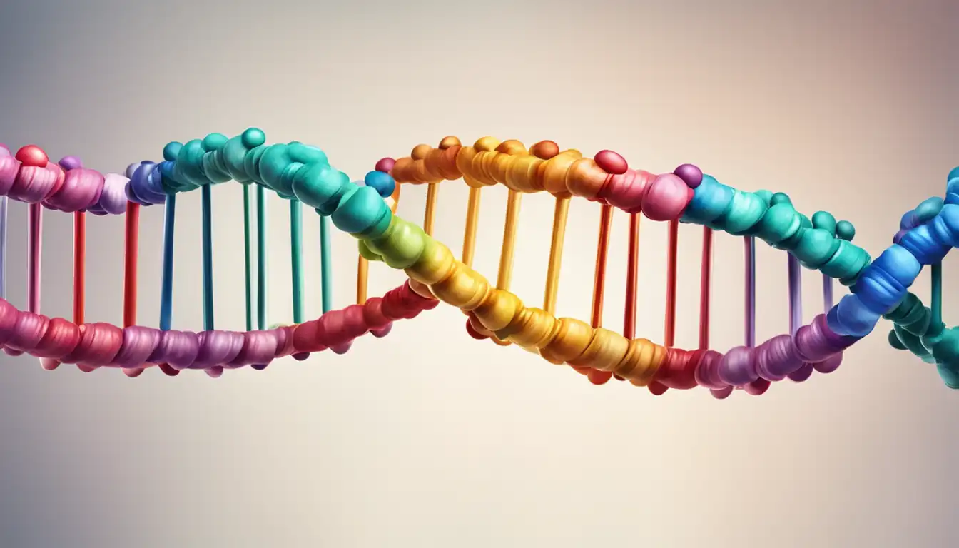 A colorful DNA strand with sections highlighted, symbolizing genetic variations linked to ADHD.