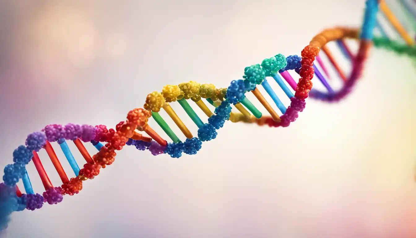 A colorful DNA strand with highlighted sections representing key genetic markers linked to ADHD.