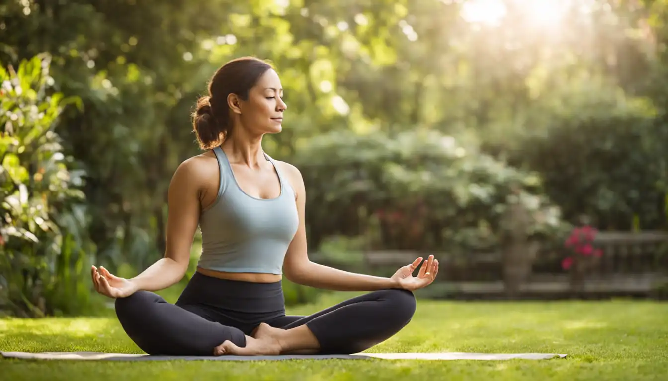 A serene woman practicing yoga in a peaceful garden setting, promoting relaxation and mindfulness.