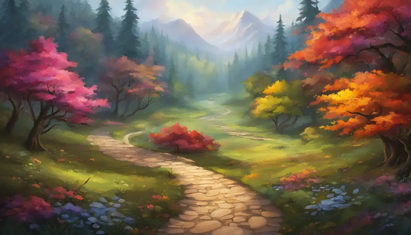 A serene nature scene with a winding path through a colorful forest, symbolizing a clear mental journey.