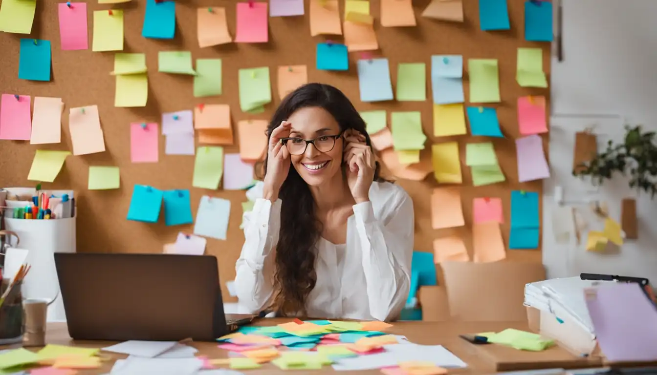 A woman with ADHD organizing colorful sticky notes on a cork board in a bright, clutter-free workspace.