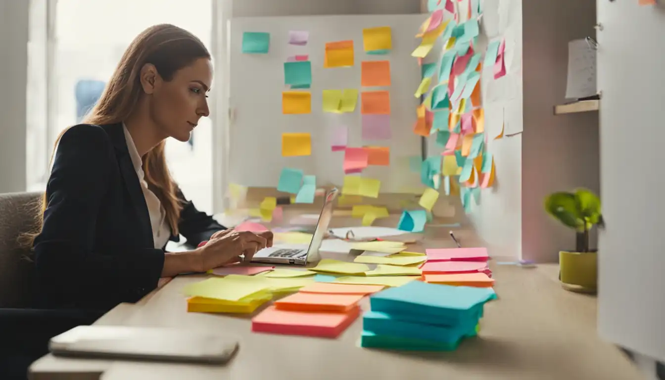 A woman sitting at a desk, organizing colorful sticky notes with key memory retention strategies.