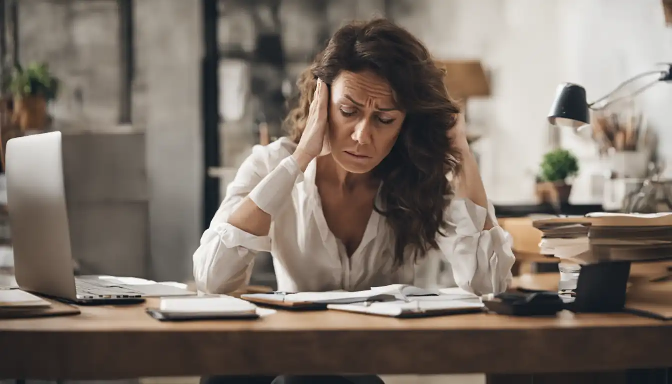 A woman sitting at a desk, looking frustrated while trying to remember important tasks.