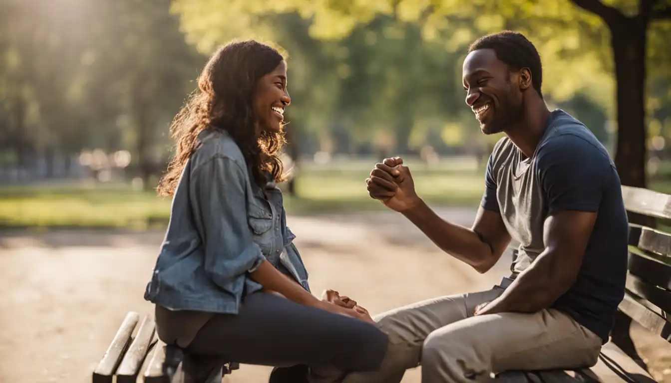 ADHD and relationships. A couple sitting together on a park bench, holding hands, smiling, and looking at each other warmly.