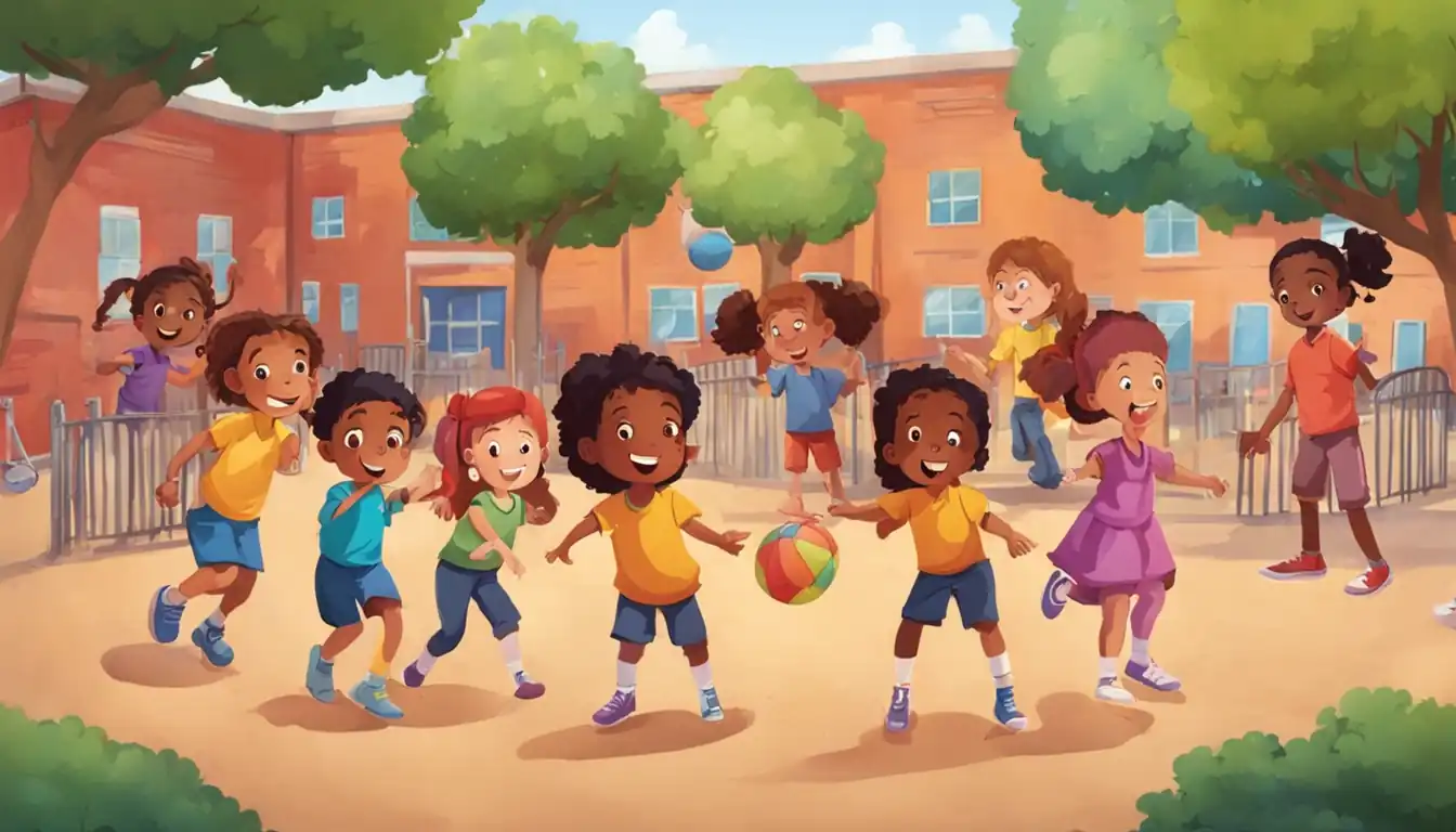 A diverse group of children of different races and genders playing together in a school playground.