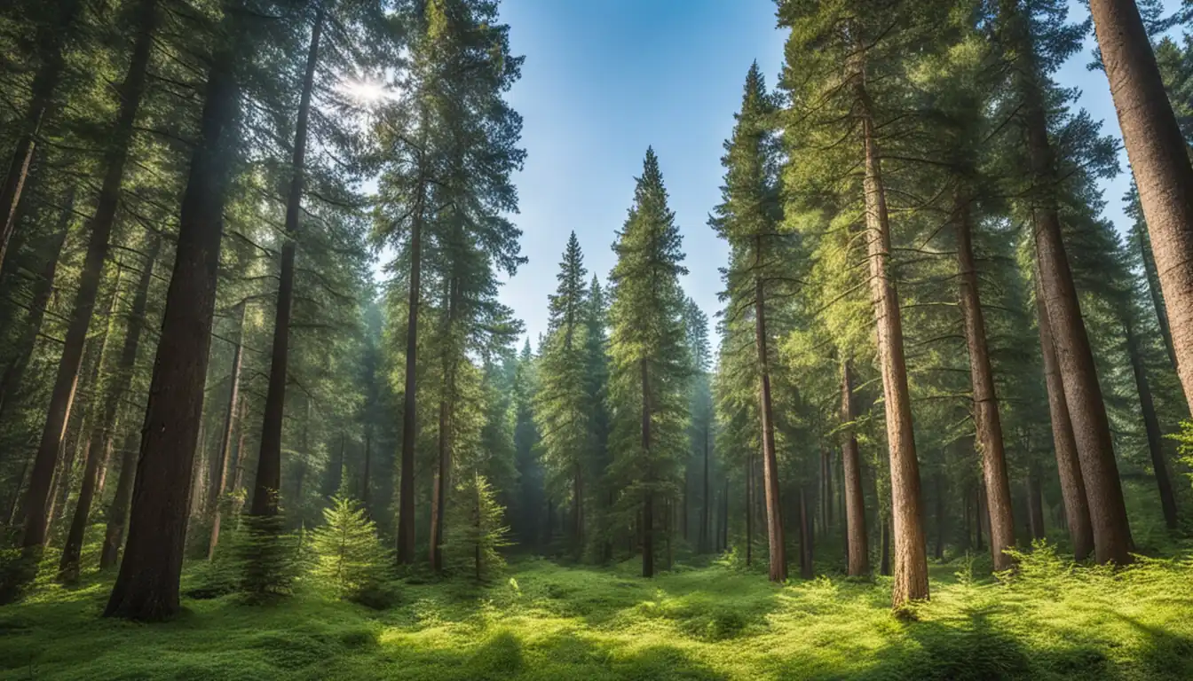 A serene forest with tall, lush evergreen trees under a clear blue sky.