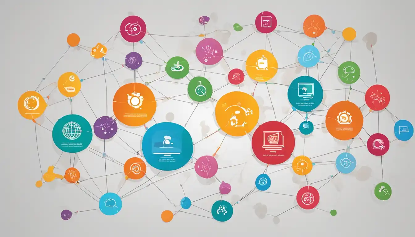 A colorful network of interconnected circles representing different content clusters for SEO analysis.