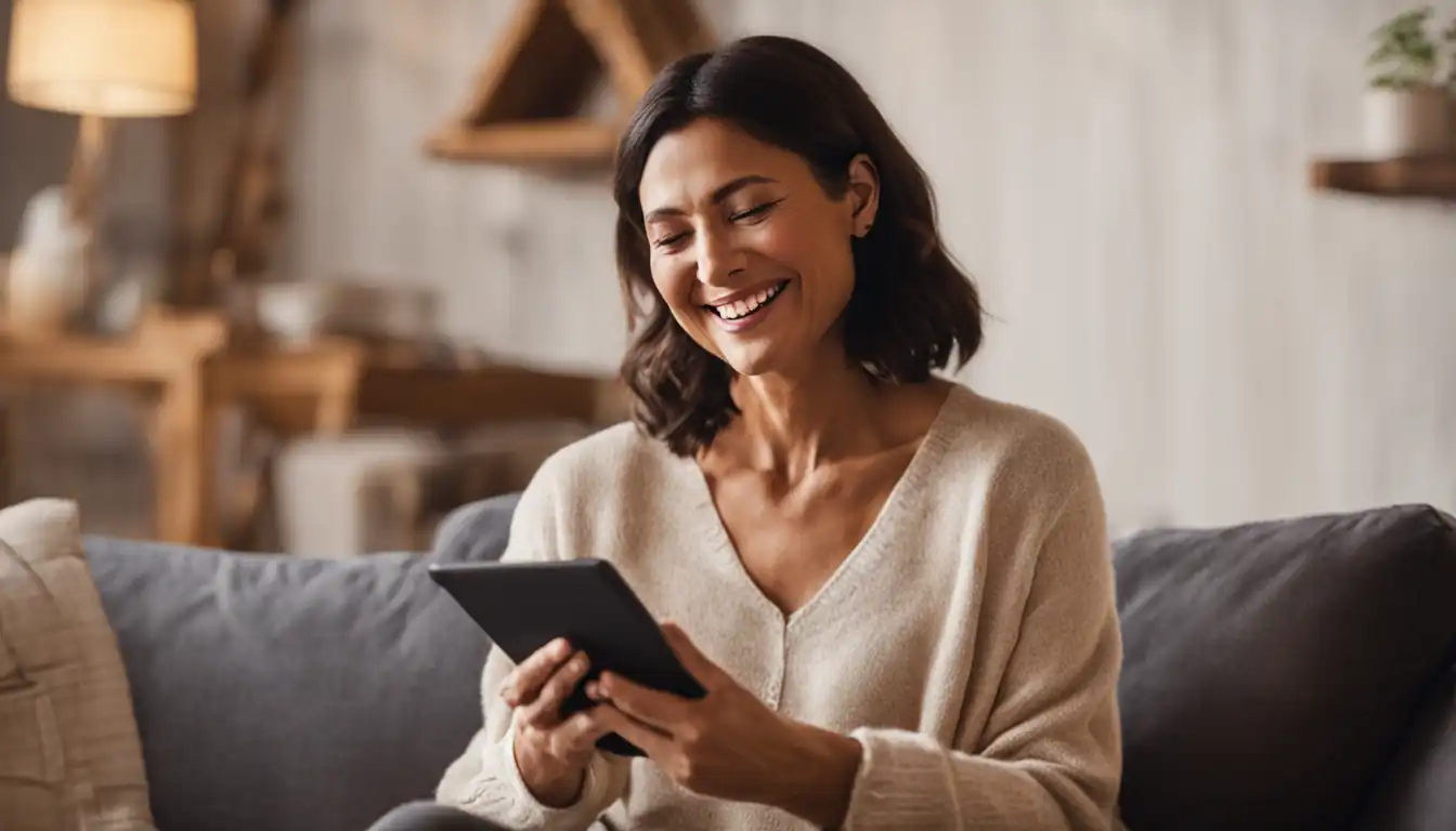 A smiling woman receiving personalized recommendations on her tablet in a cozy living room setting.