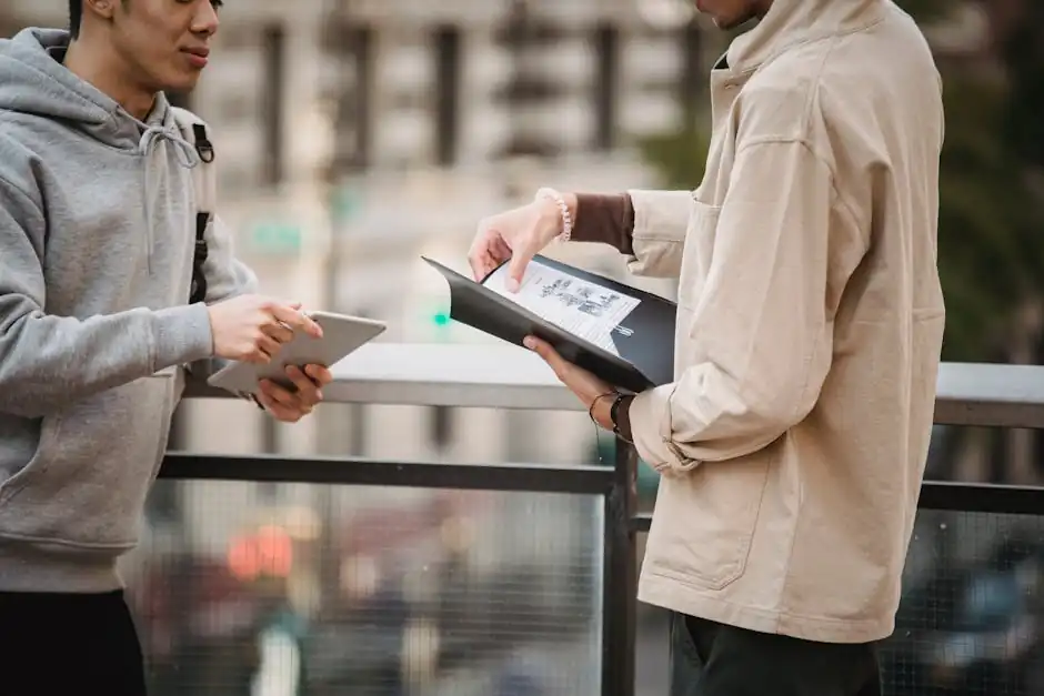 Crop men with tablet and folder