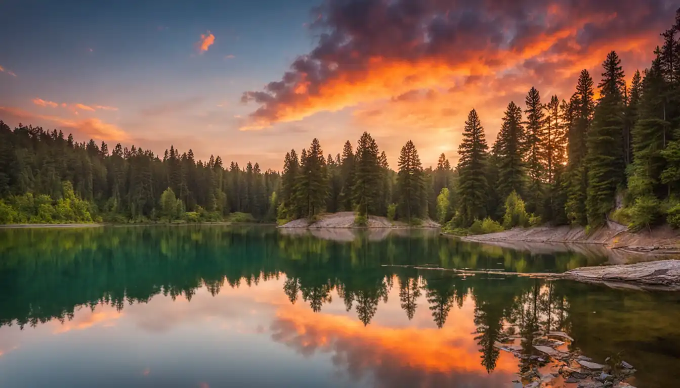 A serene sunset over a tranquil lake with vibrant colors and reflections, showcasing nature's beauty.