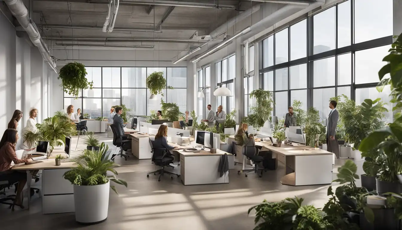 A diverse group of professionals collaborating in a modern office space with large windows and plants.