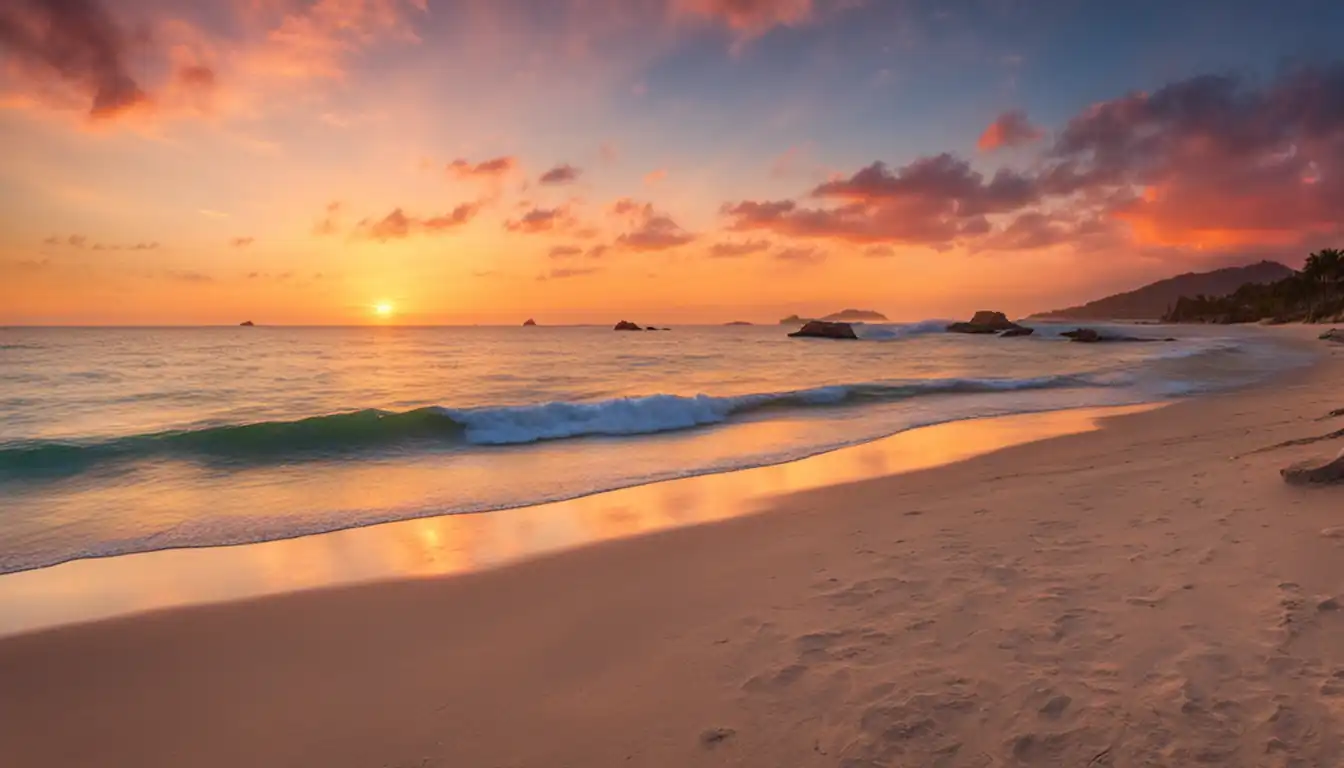 A serene beach at sunset with vibrant colors and a peaceful atmosphere.