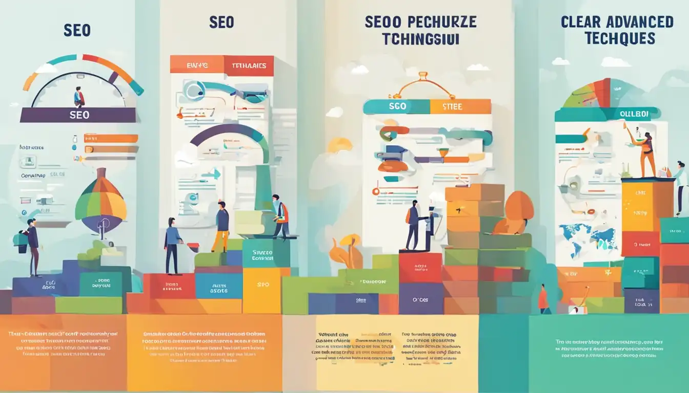 A colorful, eye-catching graphic showing a clear progression from basic to advanced SEO title optimization techniques.