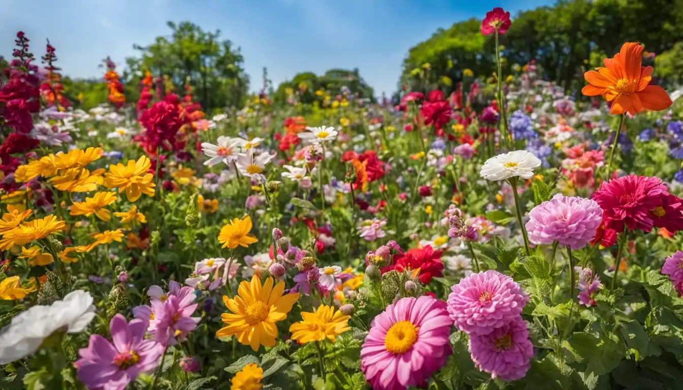 A vibrant, colorful flower garden with various types of blooming flowers under a clear blue sky.