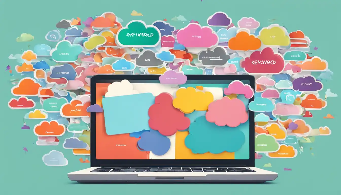 A laptop surrounded by colorful keyword clouds floating above it, representing diverse keyword usage.