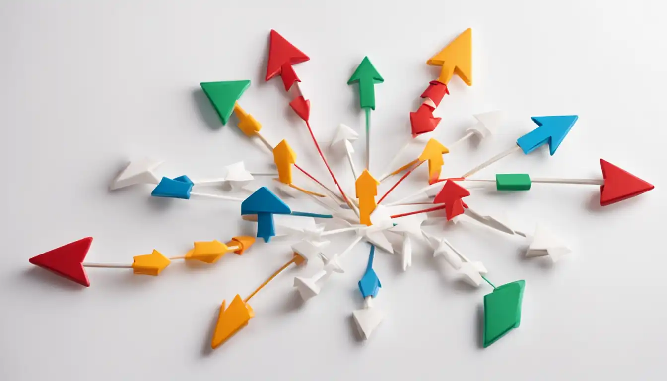 A network of interconnected colorful arrows pointing towards each other on a clean white background.