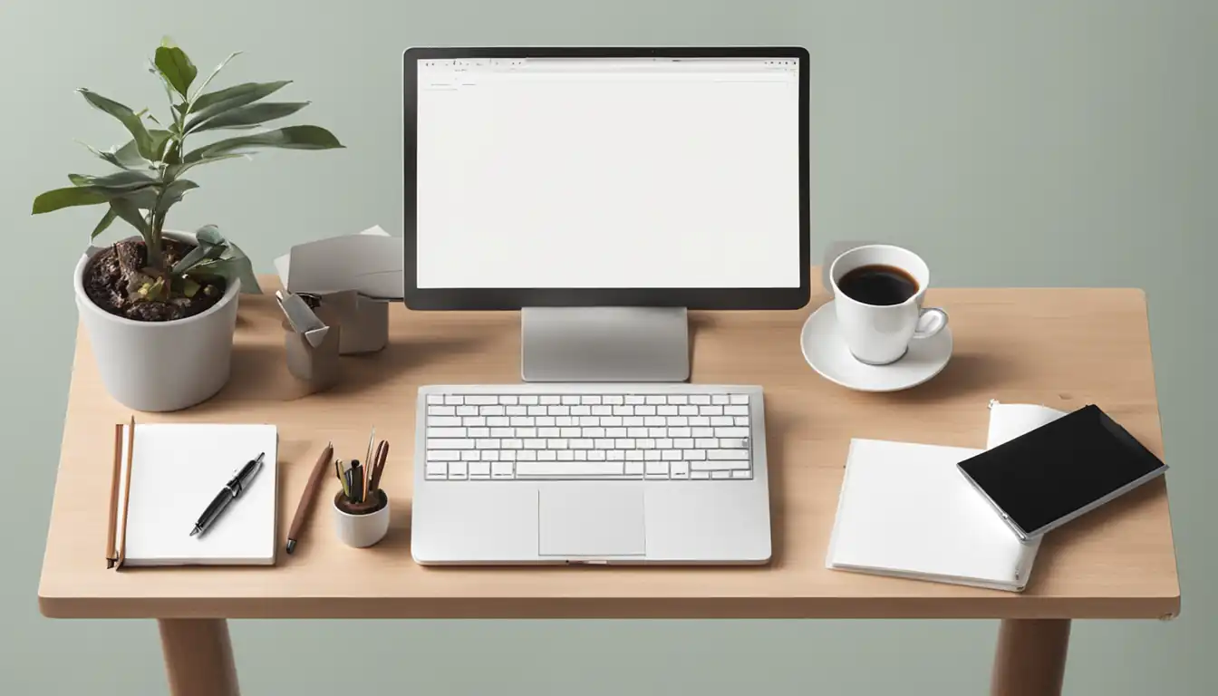 A serene, organized desk with a laptop, notebook, and pen, showcasing a clean and minimalist workspace.