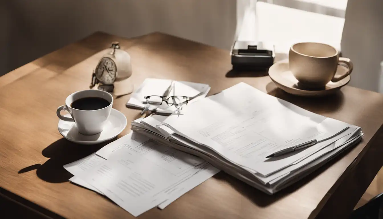 A serene, clutter-free desk with a well-organized stack of papers and a cup of coffee.