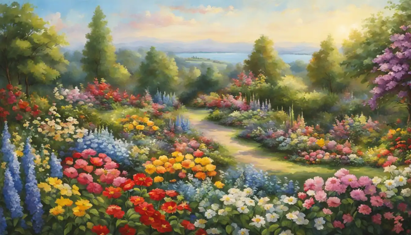 A serene landscape with colorful flowers blooming in a lush garden under a clear blue sky.