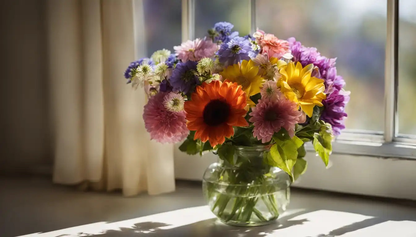 A colorful bouquet of flowers in a vase on a sunny windowsill, casting a soft shadow.