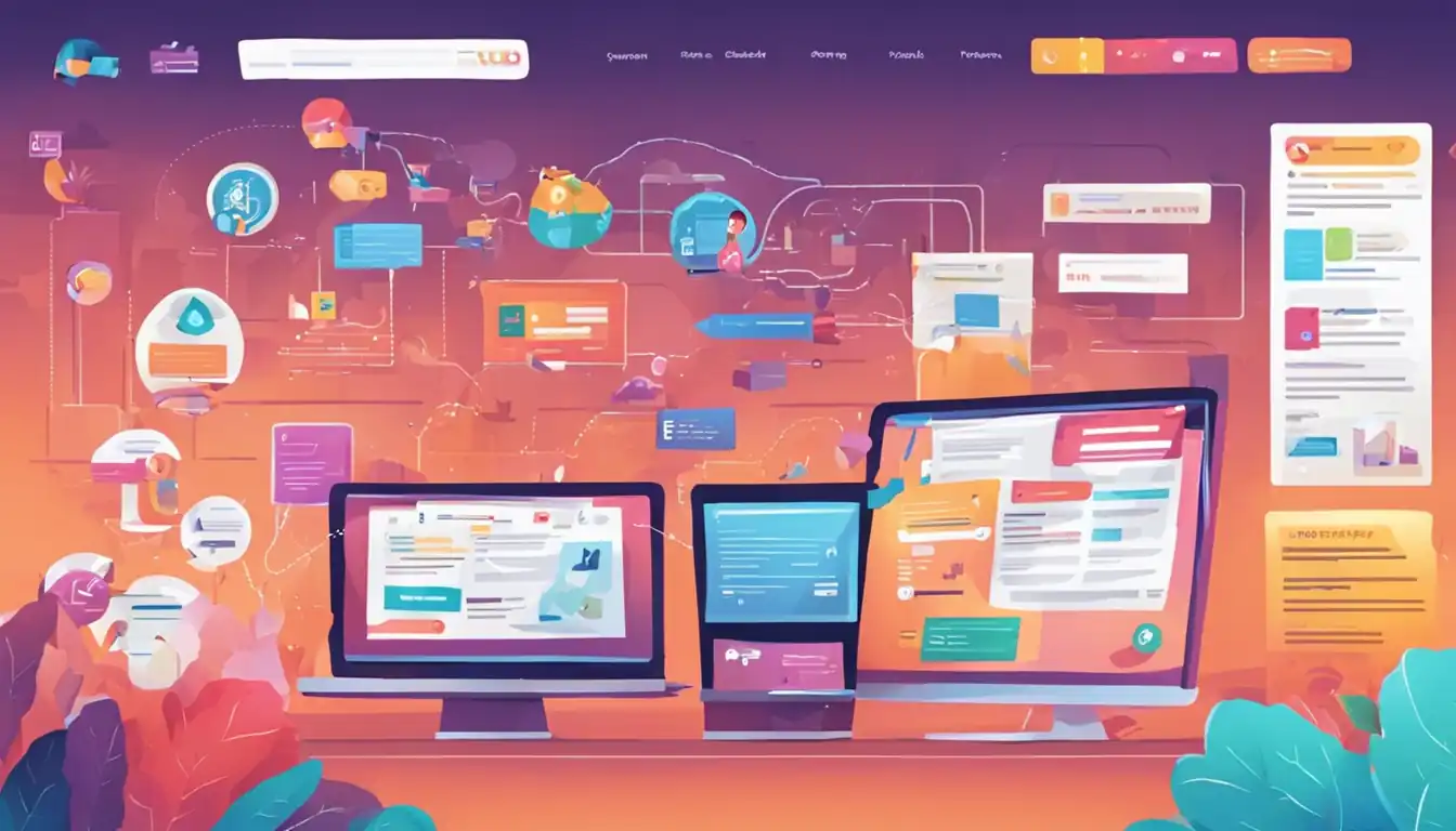 A colorful, detailed illustration of a website homepage with various schema markup elements highlighted for clarity.