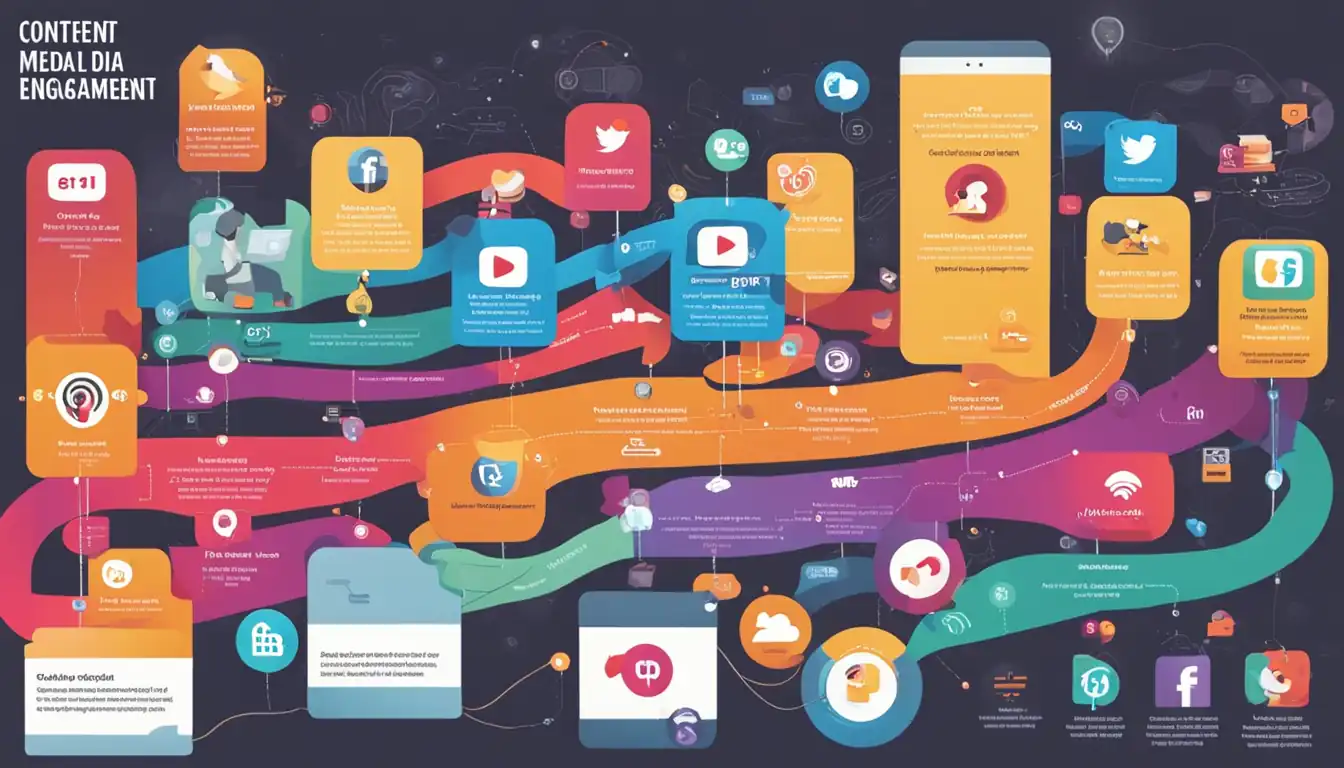 A colorful infographic showing the flow of content from social media platforms to website engagement.