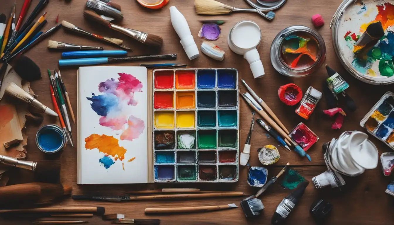 A colorful and vibrant flat lay of various art supplies like paintbrushes, markers, and sketchbooks.