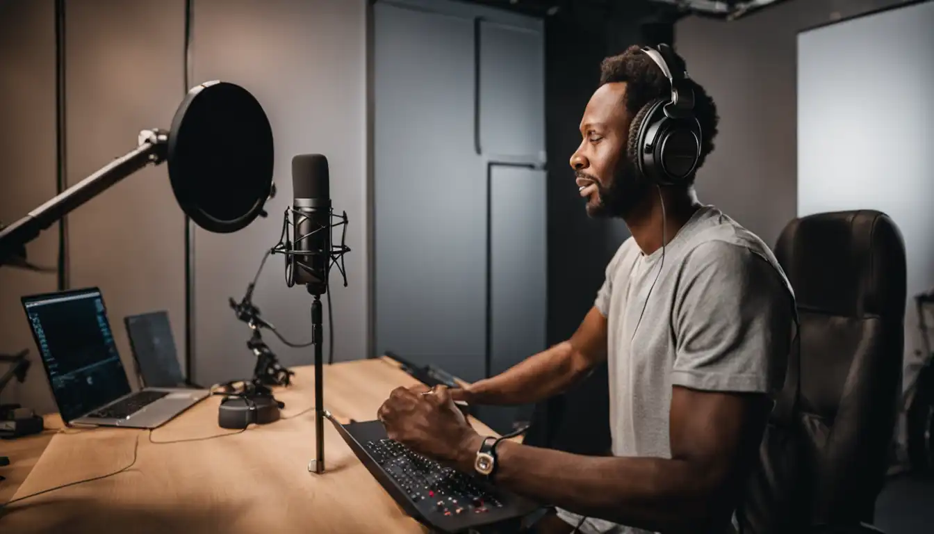 A person wearing headphones, recording a podcast in a professional studio with soundproof walls.