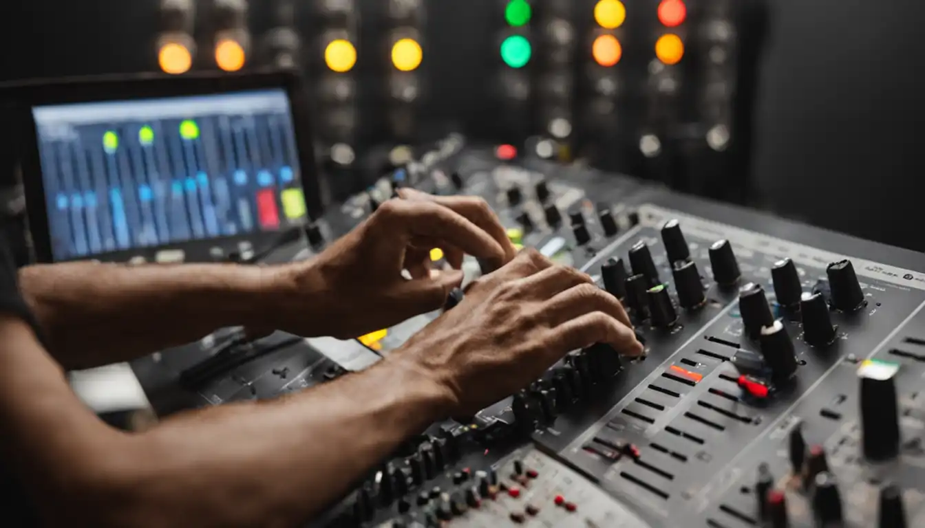 A person adjusting equalizer settings on a sound mixing board in a professional recording studio.