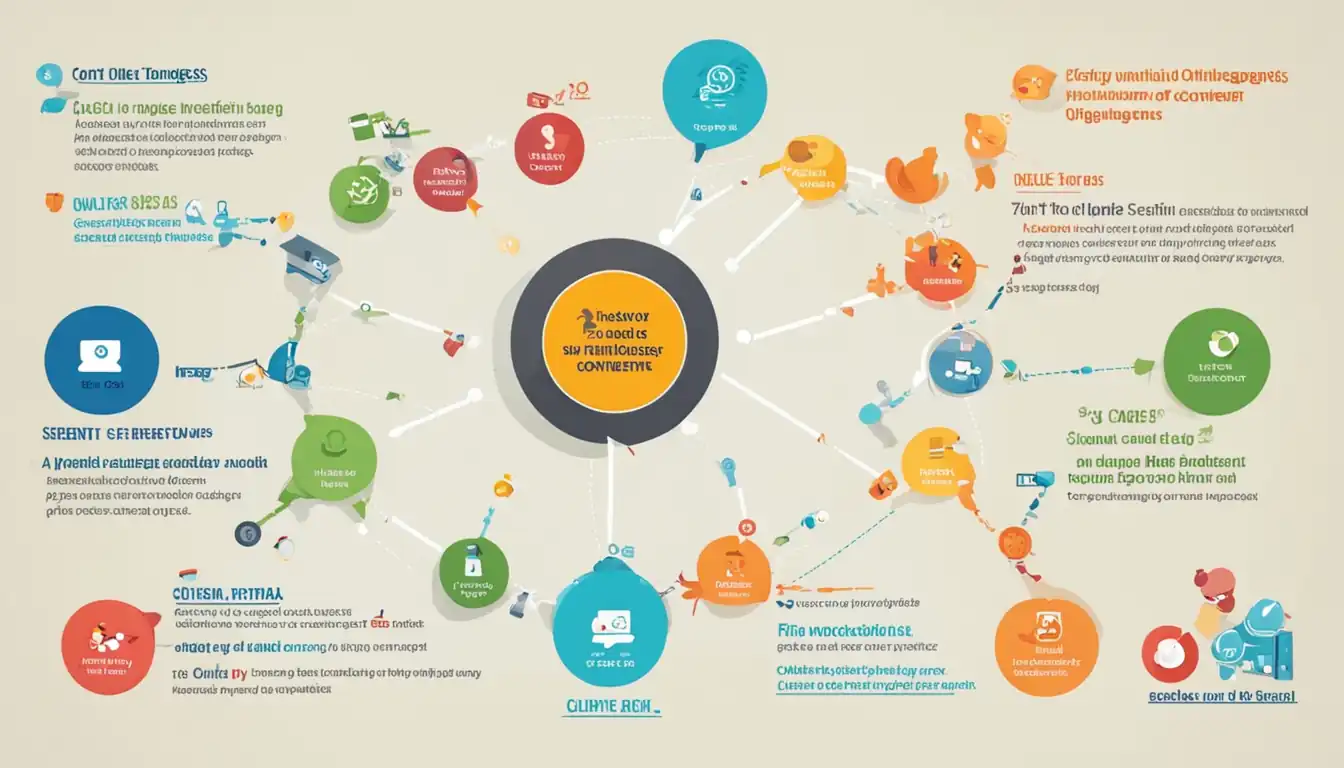 A colorful infographic showing the step-by-step process of optimizing content for search engines and user engagement.