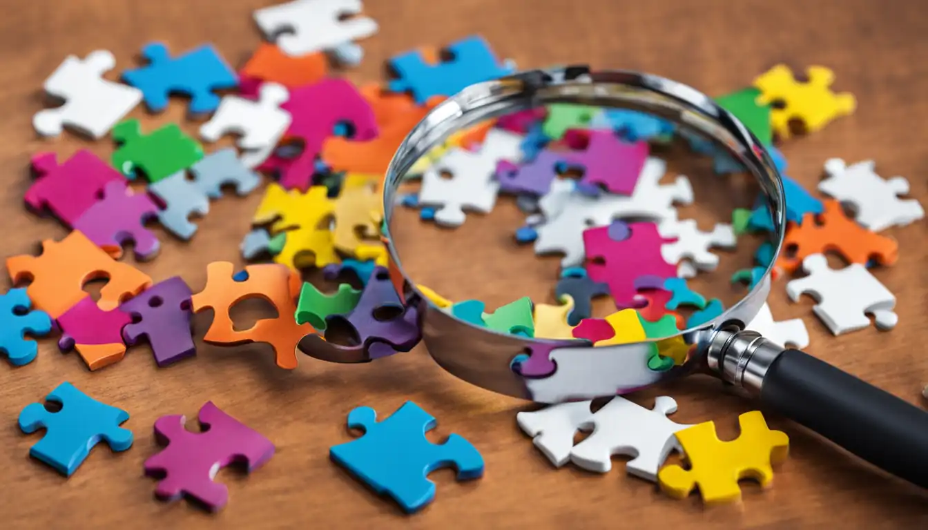 A colorful magnifying glass focusing on a specific puzzle piece among many scattered pieces on a table.