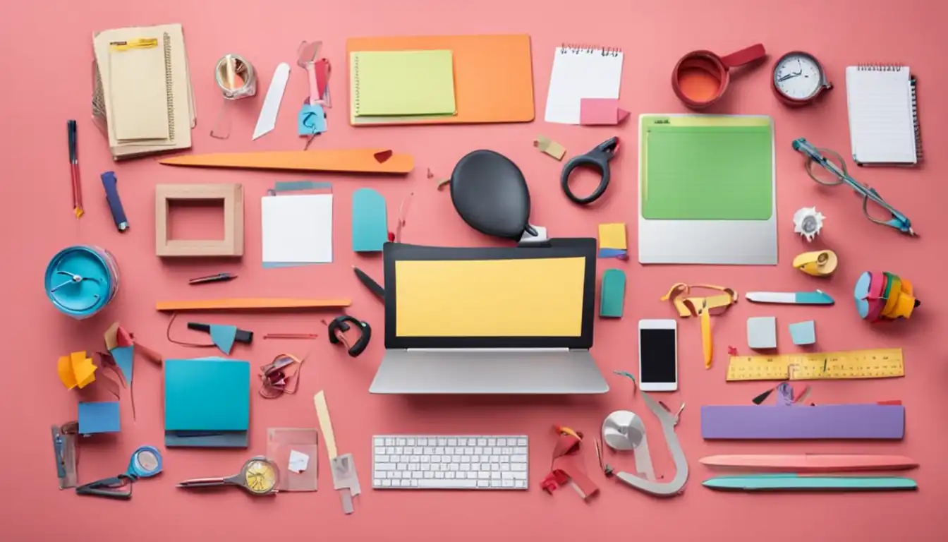 A colorful assortment of various sized and shaped keyword research tools on a sleek desk.